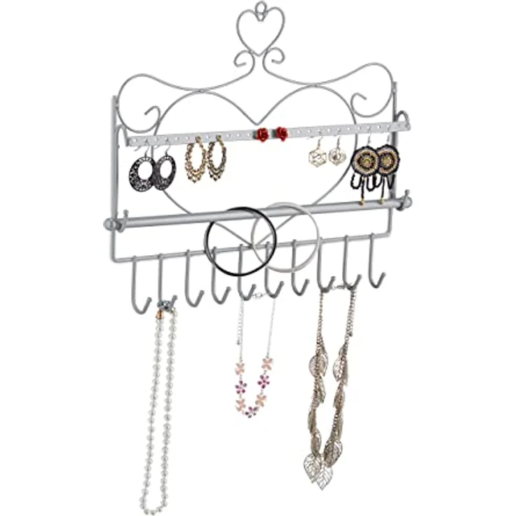 Relaxdays Wand Schmuckhalter Herzform, silber, für Ketten, Ohrringe & Armbänder, HxBxT: 30 x 36,5 x 3,5 cm, robustes Metall – Bild 1