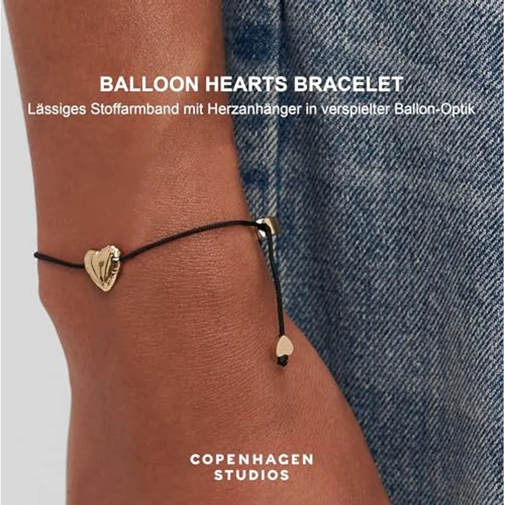 COPENHAGEN STUDIOS Bracelet Balloon Hearts, Damenarmband schwarz-gold mit Nylonband & Herzanhänger aus 14K vergoldetem Edelstahl, stufenlos verstellbar bis 24 cm – Bild 2