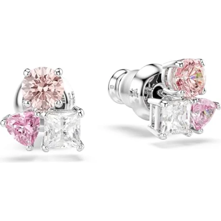 Swarovski Mesmera Ohrstecker, Rhodinierte Ohrringe mit Strahlenden und Rosafarbenen Swarovski Kristallen – Bild 4