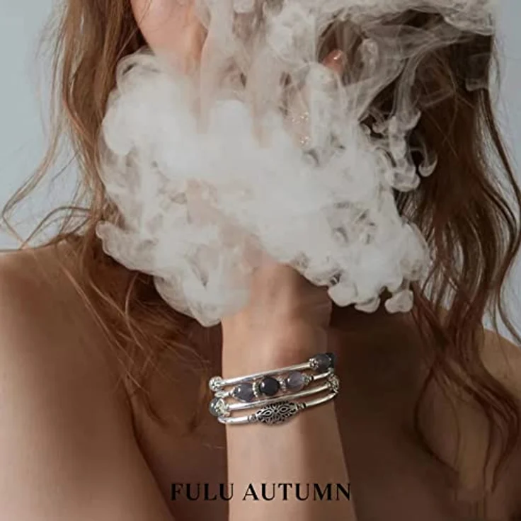 FULU AUTUMN Damen Boho Wickelarmband aus mehrschichtigen Glasperlen und versilberter Legierung, Geschenkverpackung, 17-Grey – Bild 3