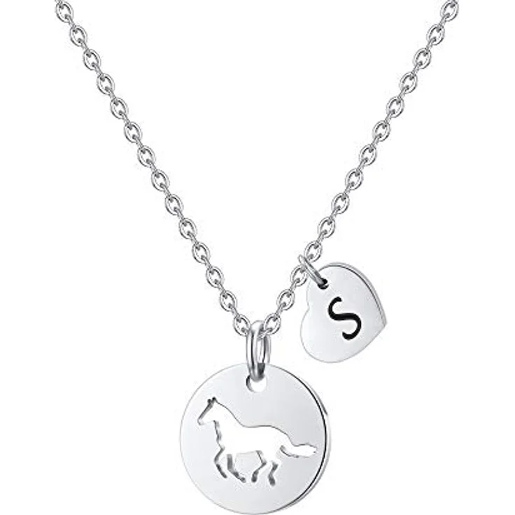 TINGN Pferde Kette Herz Buchstaben, Edelstahl, 16 Zoll mit 2 Zoll Verlängerung, personalisierbar mit Buchstabe S für Mädchen, ideales Geschenk für Pferdeliebhaber – Bild 1