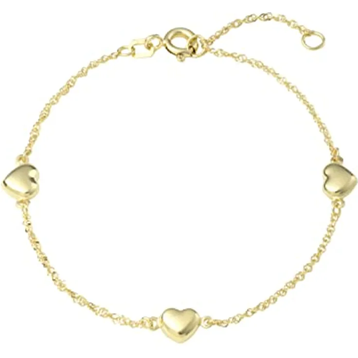 Amor 375er Gold-Armband Damen, 17 cm + 2 cm Verlängerung, mit 3 Herzanhängern, Singapurkette, Schmuck Geschenkbox