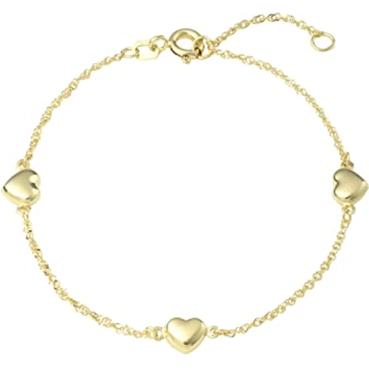 Amor 375er Gold-Armband Damen, 17 cm + 2 cm Verlängerung, mit 3 Herzanhängern, Singapurkette, Schmuck Geschenkbox – Bild 1
