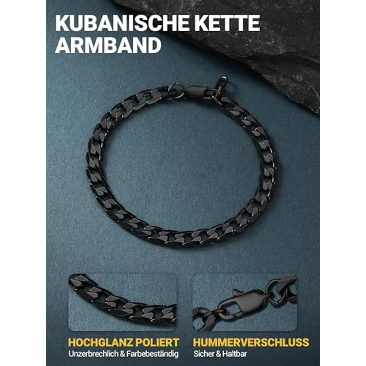 PROSTEEL Panzerarmband Herren, Edelstahl Gliederarmband in Schwarz, 19cm lang, 6mm breit, wasserdicht und hautfreundlich – Bild 3