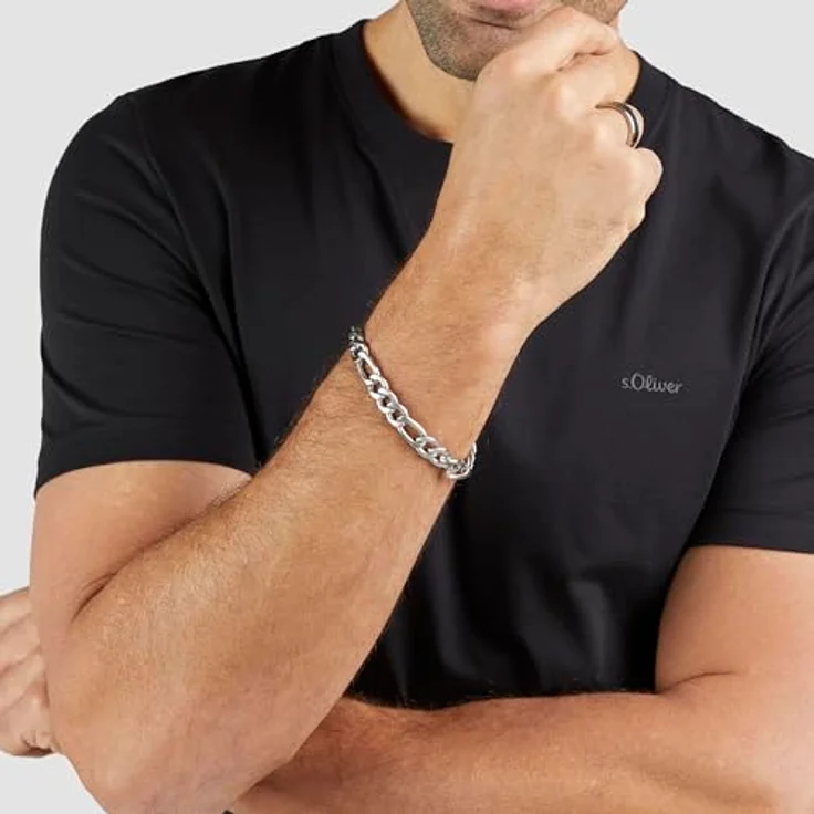 s.Oliver Herren Bracelet, Armband aus gebürstetem Edelstahl in Silber, Figaro verstellbar bis 22 cm, wasserfest & hautfreundlich – Bild 3