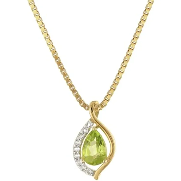 trendor Gold-Anhänger 333/8K mit Peridot und weißen Topasen an vergoldeter Silberkette, modisches Schmuckstück für Damen, 42 cm Länge