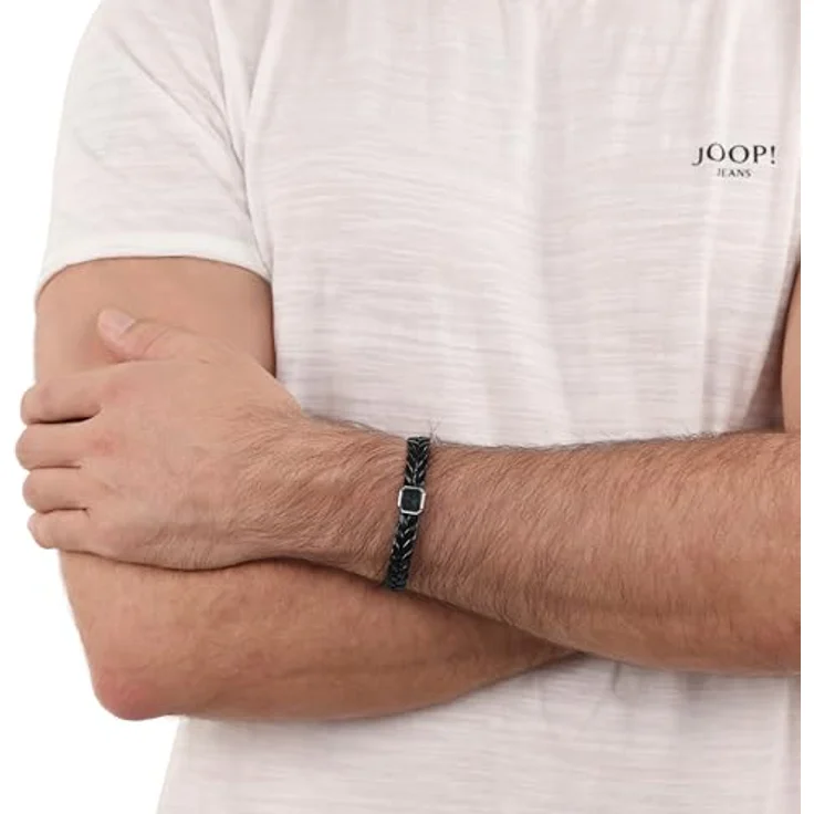 Joop! Herren-Armband Edelstahl mit schwarzem Achteck-Linienstein, 18,5 cm, geflochtenes Rindsleder, Klappverschluss – Bild 2