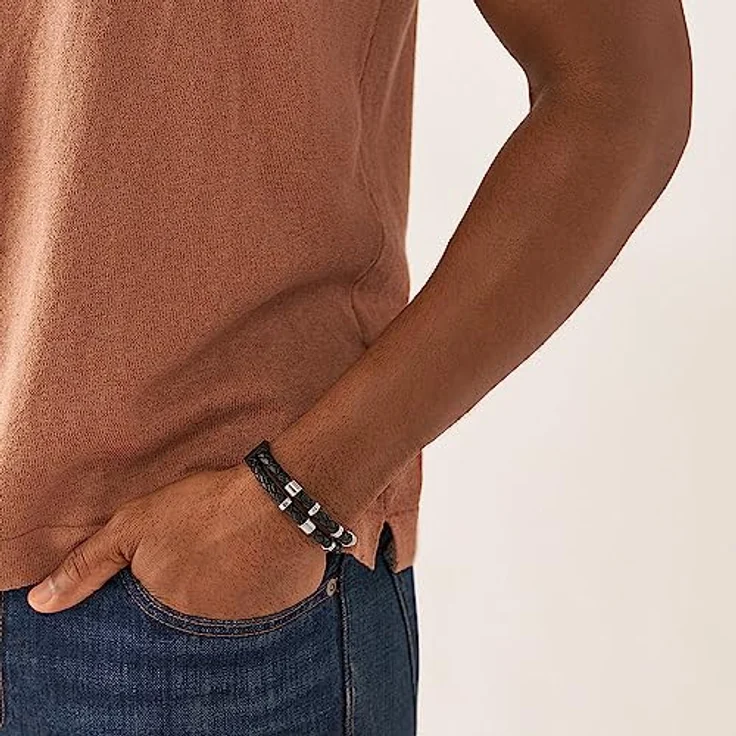 Fossil Herren-Armband Leather Essentials, Schwarzes Lederarmband, Länge: 256mm, Breite: 13.7mm, JF04473040, Edelstahlverschluss, Silberfarben, Poliert – Bild 3