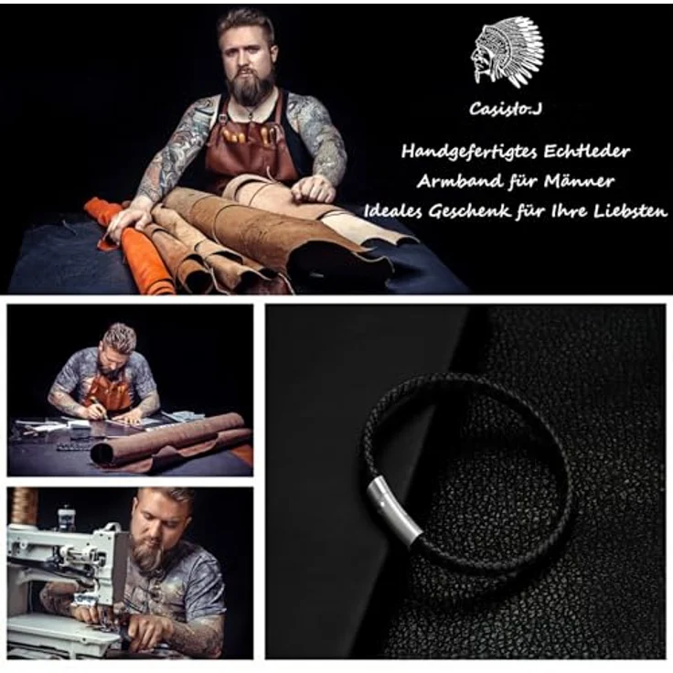 Casisto.J Herren Lederarmband, geflochten aus echtem Leder in Schwarz oder Braun, Edelstahlverschluss mit Gravur, geruchlos und nickelfrei – Bild 2