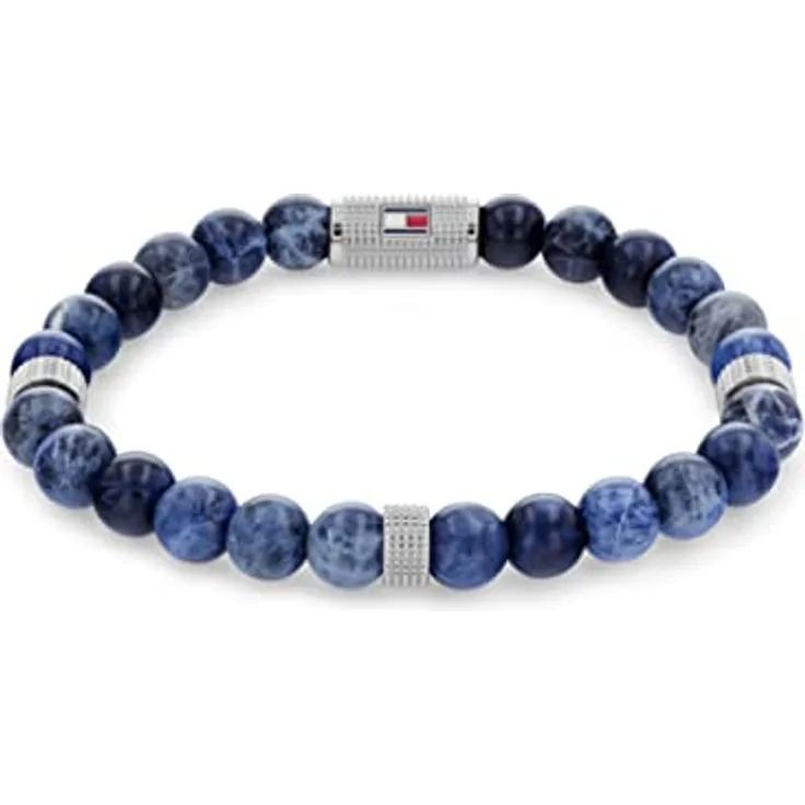 Tommy Hilfiger Jewelry Armband für Herren, Sodalithperlen mit Edelstahlverschluss und Flaggenlogo, 18,5 cm