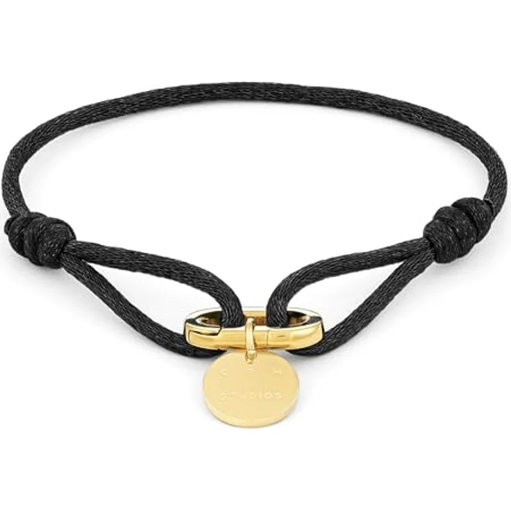COPENHAGEN STUDIOS Fabric Link Bracelet, Damenarmband mit geknotetem Stoffband & Karabiner-Charm, schwarz-gold, Edelstahl 14K vergoldet, stufenlos verstellbar – Bild 1