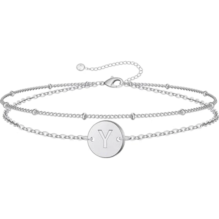 TINGN Armbänder Damen, 18K Weißgold gefüllte Buchstabenarmskette mit Gravur Y, zweilagiges Silberarmband, 6 Zoll (15 cm) + 2 Zoll (5 cm) Verlängerung, personalisierbares Namensarmband für Frauen und Mädchen – Bild 1