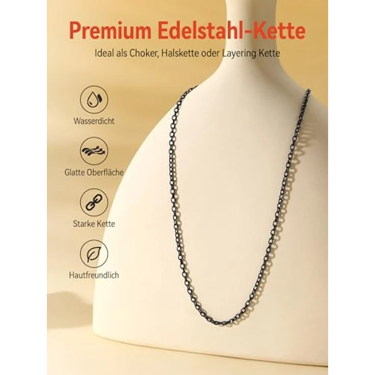 FaithHeart Rolokette, 65CM Edelstahl Halskette, 2,5MM breit, schwarze Herren Gliederkette ohne Anhänger – Bild 3