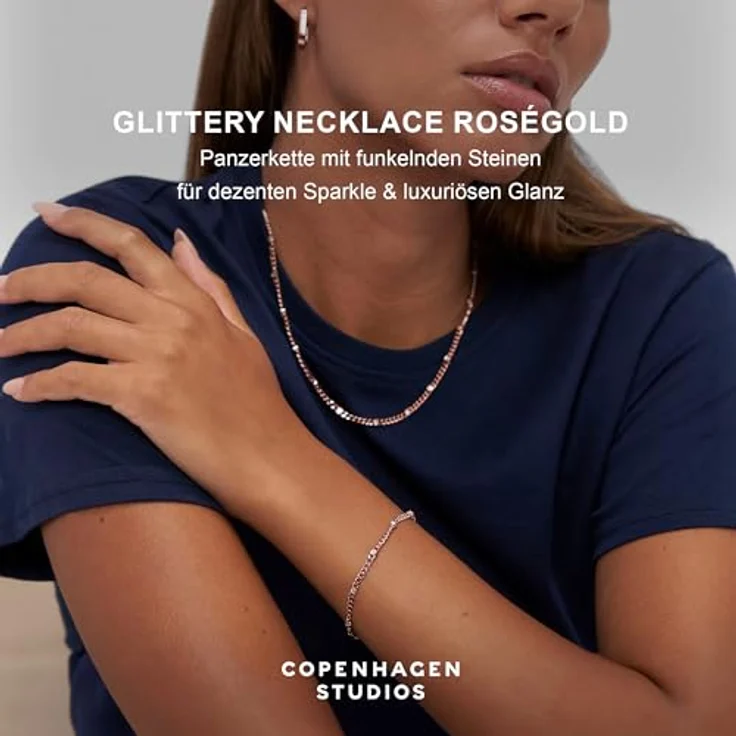 COPENHAGEN STUDIOS Glittery Halskette - roségold - Damenkette aus poliertem Edelstahl mit Strasssteinen, verstellbare Länge, wasserfest – Bild 2