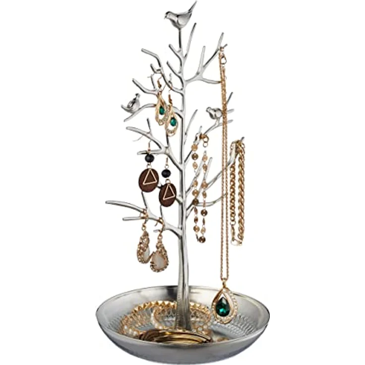 Relaxdays Schmuckständer Baum, edler Schmuckhalter aus Metall, silber, für Ketten, Ohrringe und Armbänder, Maße HxBxT 30x16x15 cm – Bild 1