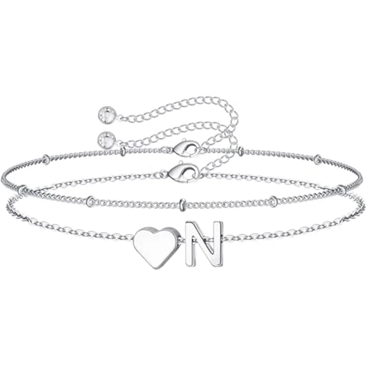 TINGN Herz Charm Armband Damen, Silberschicht mit 14K Weißgold, verstellbares Layered Design mit Buchstabe N, hypoallergenes Armkette für Teenager und Geschenke – Bild 1