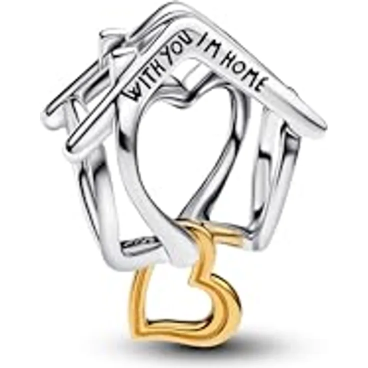 PANDORA Moments Haus & Herz Charm, Sterling-Silber mit 14K Vergoldung, offen gearbeitet, kompatibel mit Moments Kollektion, Gravur: „With you, I’m home“