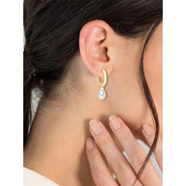 Valero Pearls Damen Creolen, 925/- Sterling Silber gelbvergoldet mit weißen Süßwasser-Zuchtperlen, abnehmbar, Klappbügel – Bild 3