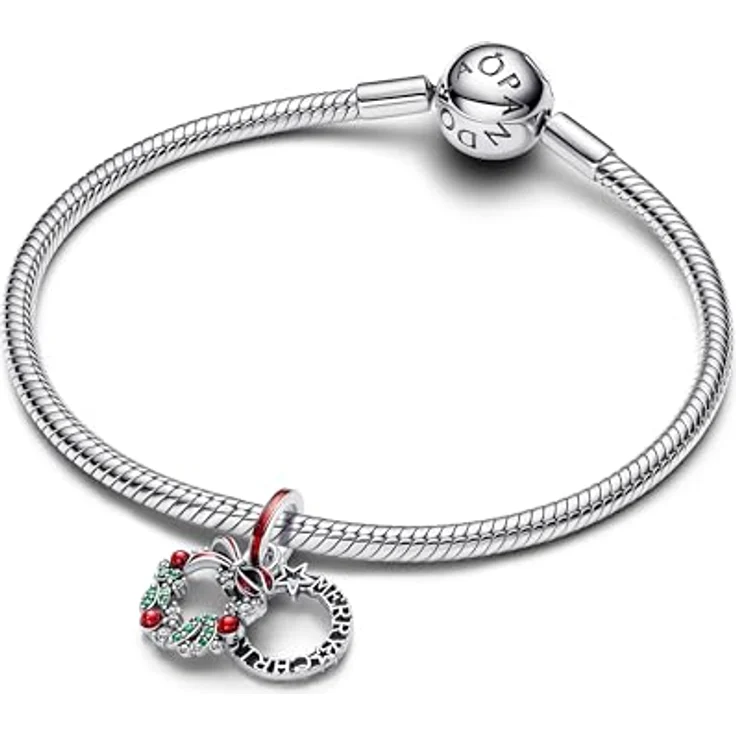 PANDORA Moments Weihnachtskranz Doppelter Charm-Anhänger aus Sterling-Silber mit grünen künstlichen Kristallen und roter glitzernder Emaille, kompatibel mit ME und Moments, 794238C01 – Bild 3