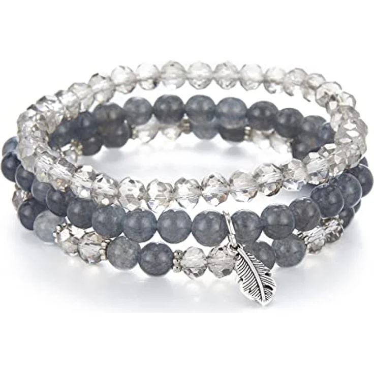 FULU AUTUMN Perlenarmband Set, Mehrschichtiges Stretch Damen-Armband aus Naturstein und Kristall, Boho Modeschmuck in Grau, ideales Geburtstagsgeschenk für Mama und Oma – Bild 1