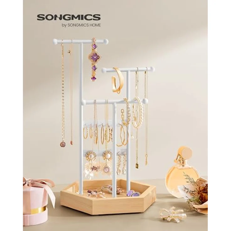 SONGMICS Schmuckständer JJS03NW, Schmuckhalter mit 4 Bereichen, Metall, für Ohrringe, Halsketten und Armbänder, weiß-naturbeige – Bild 2