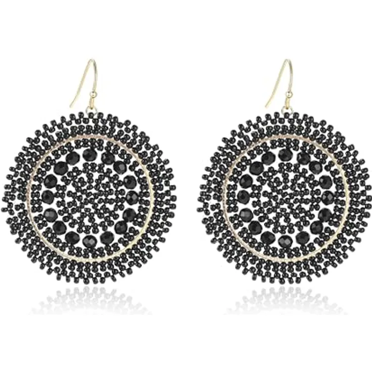 Joya Love Schwarz Strand Ohrringe, Handgefertigte Boho Statement Ohrringe mit Kristall- und Glasperlen, große Hänger, leicht und hypoallergen