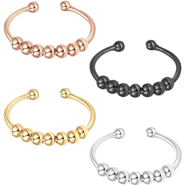 DMNQ Anti-Stress Fidget Ring Set, 4-teilig, Offener Spinning Ring mit Perlen in Schwarz, Silber, Gold, Roségold - Linderung von Ängsten für Damen