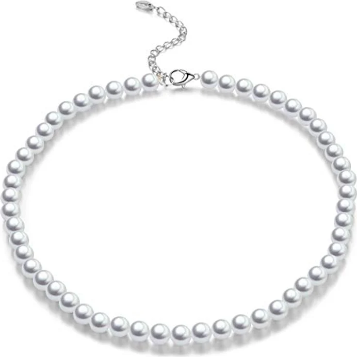 Bulinlin Damen Choker Halskette mit Muschel- und Perlenstrang, 8mm weiße Perlen, Geschenk in Geschenkbox – Bild 1