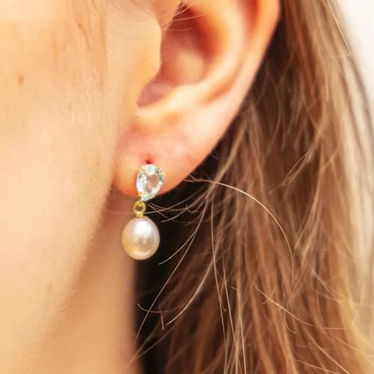 Fascination by Ellen K. Damen-Ohrstecker 8 Karat (333) Gelbgold mit Blautopas und blauer Süßwasserzuchtperle – Bild 3