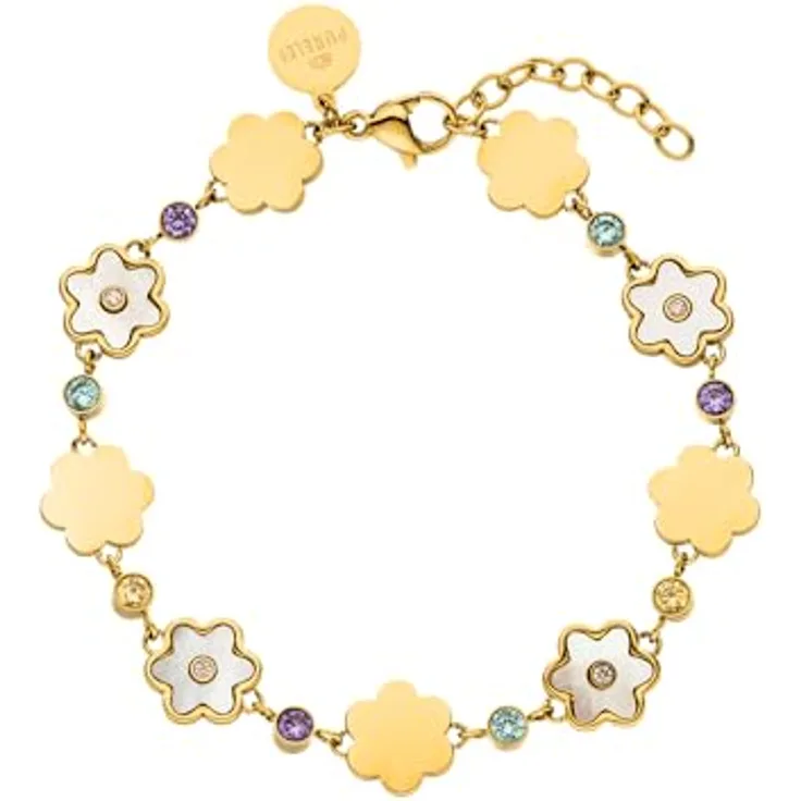 Purelei Flowering Damenarmband, Verstellbares Edelstahl-Armband mit Blüten Anhänger und Zirkonia, Wasserfest, Gold/Silber/Roségold