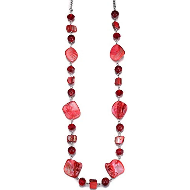 Bulinlin Lange Perlenkette 35 Zoll, Silber Metallkette mit Harz- und Glaskristallperlen, Boho Modeschmuck für Frauen, rot – Bild 1