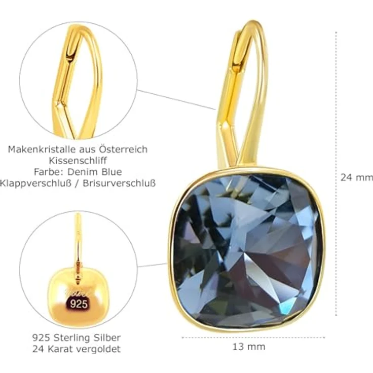 Nobel Schmuck Ohrringe Denim Blue, 925 Sterling Silber vergoldet mit SW Kristallen, minimalistisch kurz mit Klappverschluss – Bild 3
