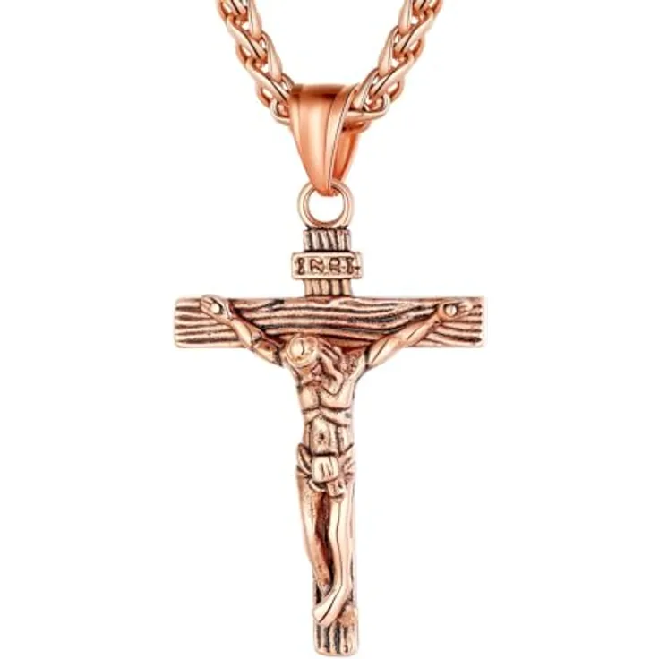 U7 Edelstahl Kreuz Halskette INRI Kruzifix Jesus Christus Anhänger, 55cm Rosegold vergoldet, Herren Modeschmuck
