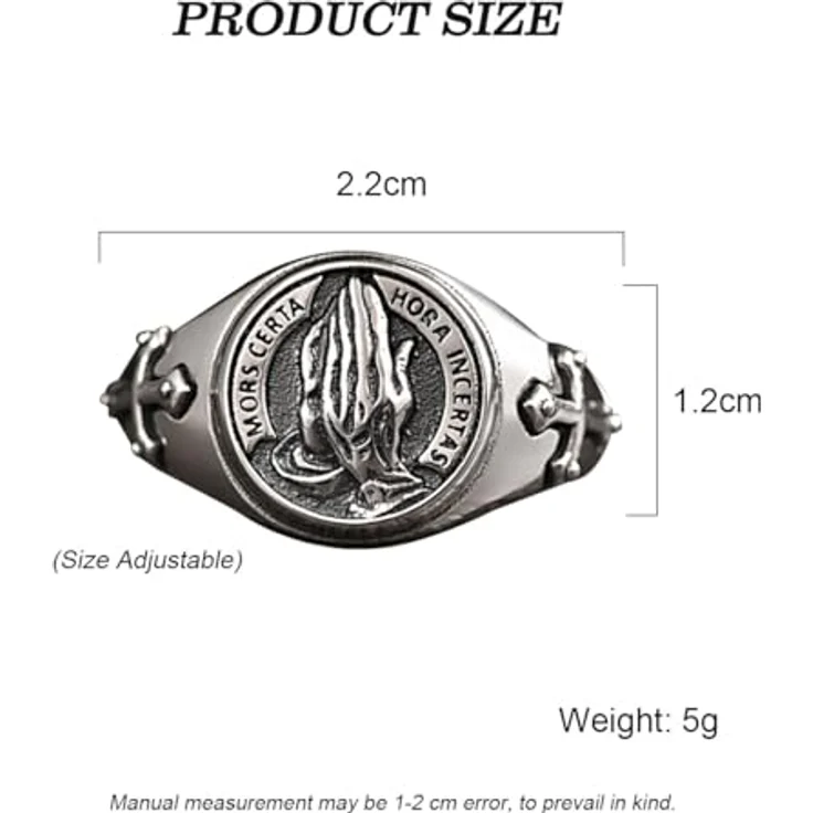 KONFEN Betende Hände Herren Ring, Verstellbarer Wikinger Ring aus hypoallergenem Material, Silber, Vintage Hip Pop Gothic Punk Design – Bild 3