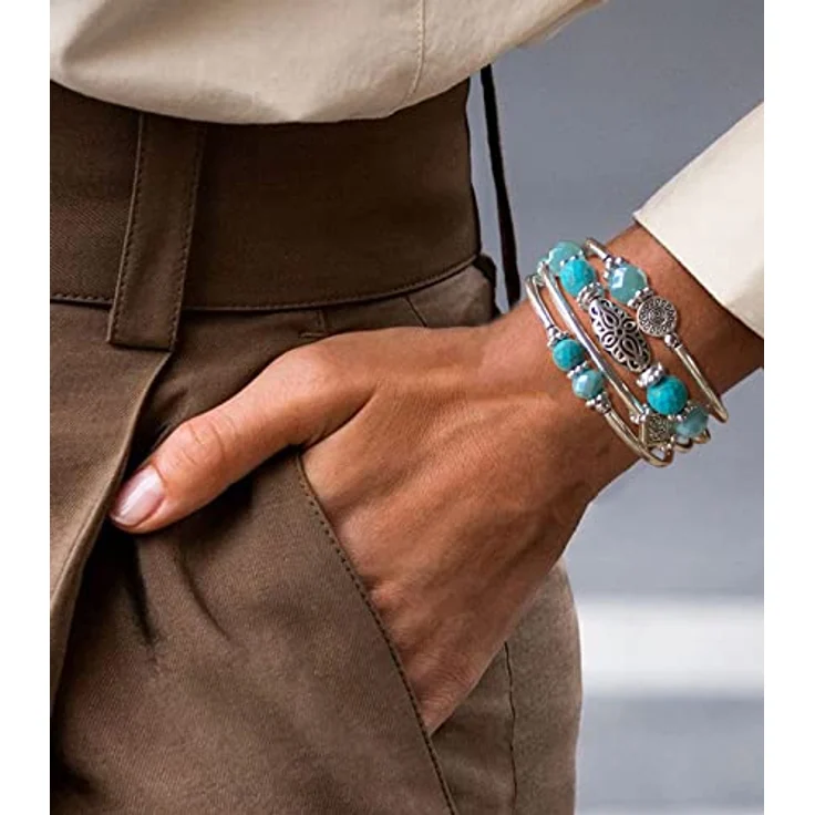 FULU AUTUMN Damen Boho Wickelarmband mit mehrschichtigen Perlen und versilbertem Design, turquoise – Bild 4