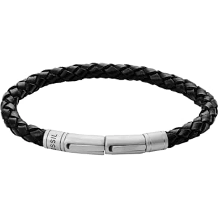 Fossil Herren Armband aus echtem Leder oder Edelstahl, verstellbarer Verschluss, schwarz und silber, Gesamtlänge 2022 cm – Bild 1