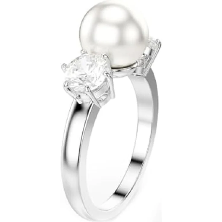 Swarovski Matrix Cocktailring, Weißer, Rhodinierter Ring mit Kristallperle und Strahlenden Rundschliff-Kristallen – Bild 1