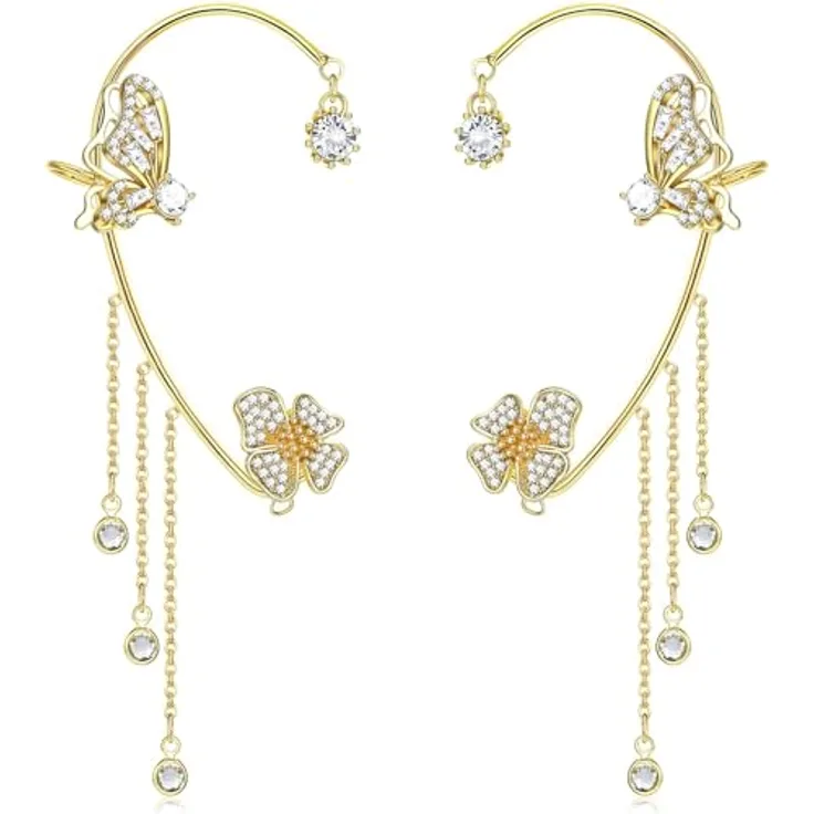 BSLVWG Schmetterling Ohrringe Set, Silber Ohr Manschette ohne Piercing, Clip Wrap mit Blumen Quaste und Zirkonen, Gold