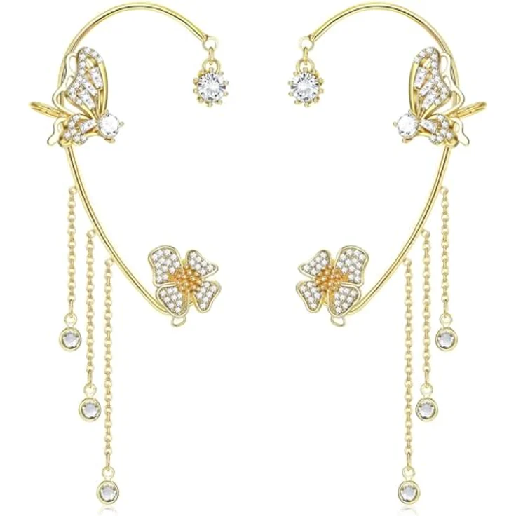 BSLVWG Schmetterling Ohrringe Set, Silber Ohr Manschette ohne Piercing, Clip Wrap mit Blumen Quaste und Zirkonen, Gold – Bild 1