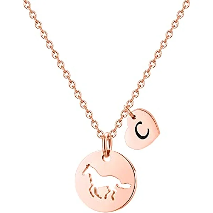 TINGN Pferde Kette Herz Buchstaben C, Personalisierte Edelstahl Halskette für Mädchen, 16 Zoll mit 2 Zoll Verlängerung, hypoallergenes Design – Bild 1