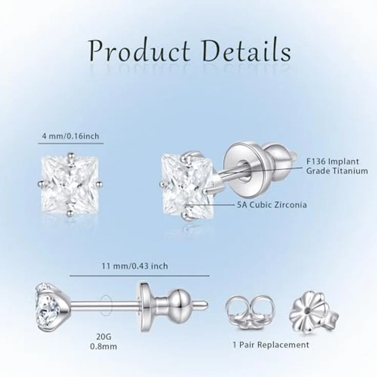 Limerencia G23 Reintitan Ohrringe, hypoallergen mit 6mm kubischem Zirkonia, quadratisches Design für Frauen und Mädchen – Bild 3