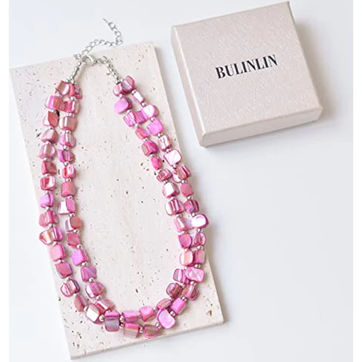 Bulinlin Boho Bunte Perlenkette Damen Muschelkette, Verstellbar, 43 cm mit 7 cm Verlängerung, Hot Pink – Bild 5