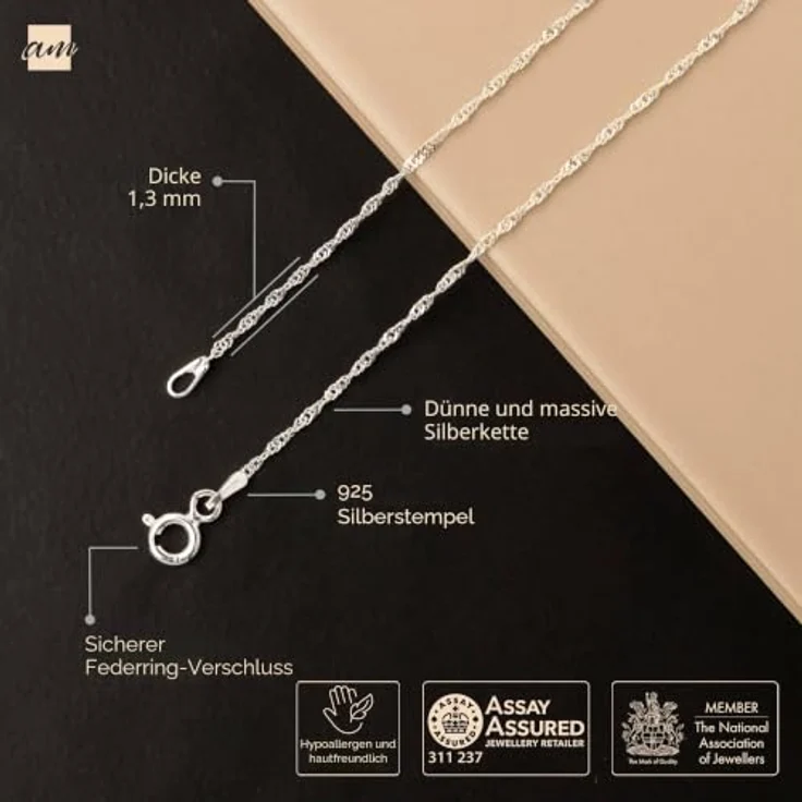 Amberta 925 Sterling Silber Halskette für Damen und Herren, Super Dünne Singapurkette, 50 cm, Hochglanzpoliert – Bild 5