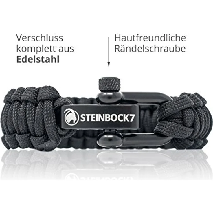 Steinbock7 Paracord Armband Herren Survival, geflochtenes Outdoor-Armband mit Edelstahlverschluss, verstellbar, schwarz – Bild 3