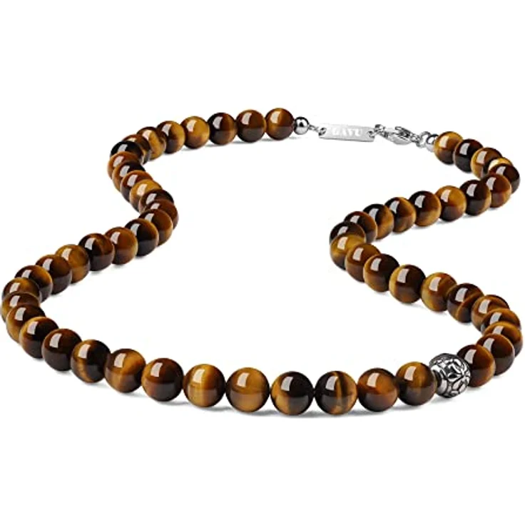GAVU Braunes Tigerauge Kristall Perlenkette für Herren, 50 cm, Edelstahl Fleur De Lis Perlen, rostfrei und wasserdicht – Bild 1