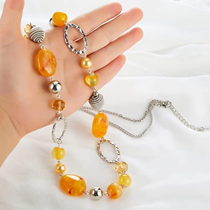 Bulinlin Lange Silber Perlenkette für Damen, Boho Statement Chain Halskette, 35+3 Zoll, Gelb, Modeschmuck und Geburtstagsgeschenke – Bild 3