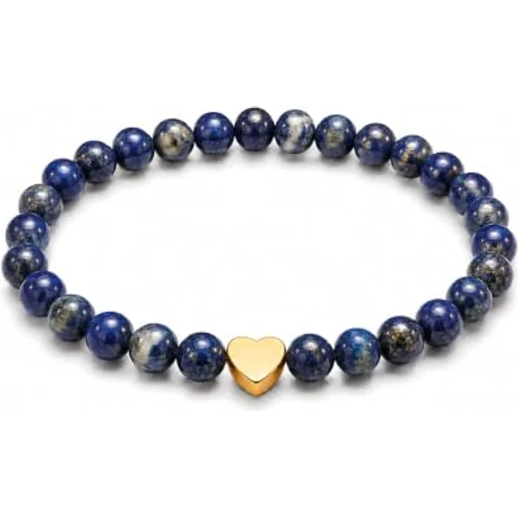 GD GOOD.designs Edelstein Lapislazuli Armband mit 18K vergoldetem Edelstahl Herz | Wasserfestes Perlenarmband mit 6 mm Naturstein Perlen | Elastisch 15–19 cm | Inkl. Schmuckbeutel – Bild 1
