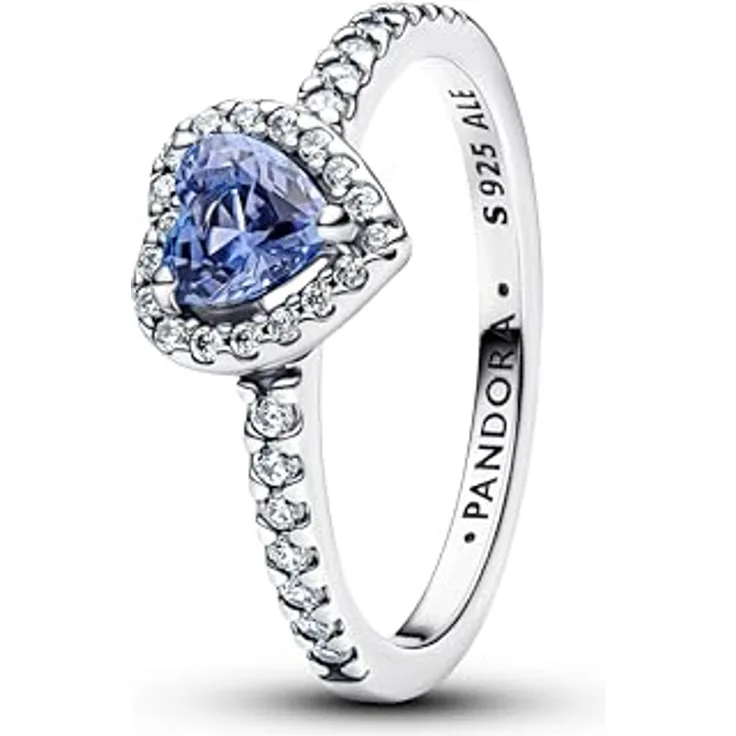 Pandora Silberring Timeless, 925 Sterlingsilber mit herzförmigem blauen Kristall und Zirkonia, 8 mm breit