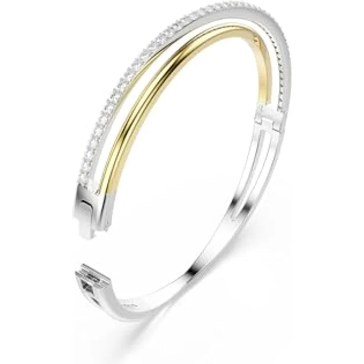 Swarovski Hyperbola Armreif, Weißes Armband aus Metallmix mit Kristallen im Rundschliff, rhodiniert und goldfarben – Bild 3