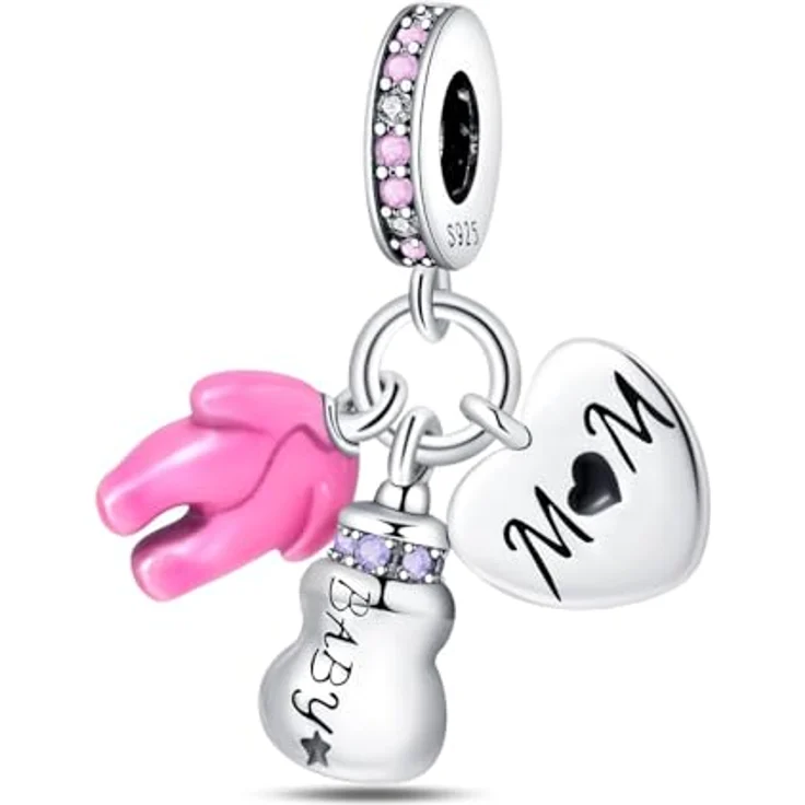 HappyStar 925 Sterling Silber Charms, I LOVE MOM Dangle Anhänger mit 5A-Zirkonen für Pandora Armbänder, inkl. kostenlose Abstandsperle und Geschenktasche – Bild 1
